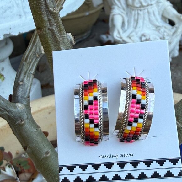 Native American Navajo Handmade Beaded Hoop Sterling Silver Earrings LR New gift - Picture 2 of 7